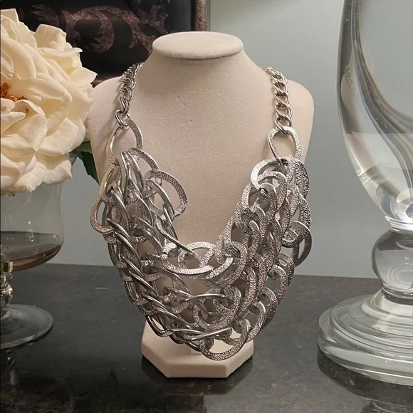 #327 - Aluminum Silver Triple-Stranded Statement Necklace - Picture 1 of 4